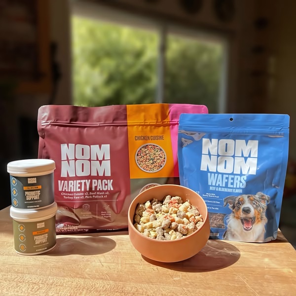 A clean, studio-lit tabletop shot displaying a variety of pet food packaging, treats, and a bowl of prepared food to showcase the brand's product range.
